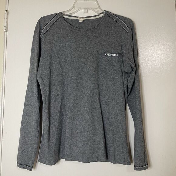 DIESEL gray long sleeve logo round neck pocket tshirt size EU MED US Small - Picture 1 of 4